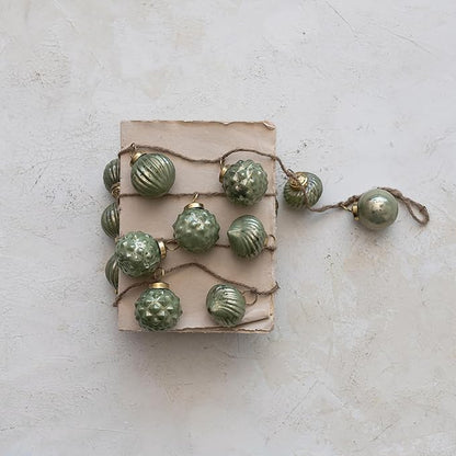 Creative Co-Op Embossed Mercury Glass Ball Ornament Garland with Jute Cord, Olive Green