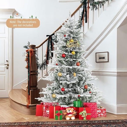 GOFLAME 6FT Pre-Lit Christmas Tree Snow Flocked, Hinged Artificial Xmas Tree with 661 Branch Tips, 500 Cold White LED Lights, 3 Lighting Modes, Timer, Remote, Holiday Decoration Tree for Home Party