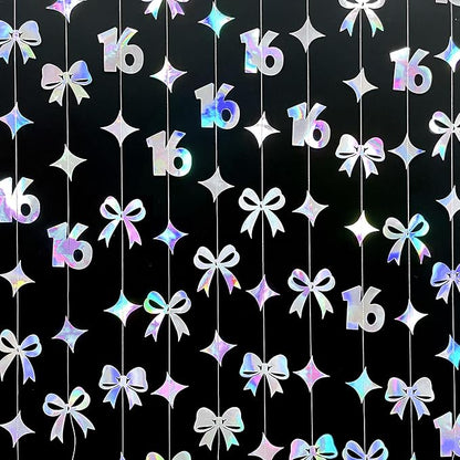 Iridescent 16th Bow Birthday Decorations Metallic Conquette Bow Garland Streamer Banner Backdrop for Girls Boys Happy 16th Birthday Sweet Sixteen Cheers to 16 Years Old Anniversary Party Supplies