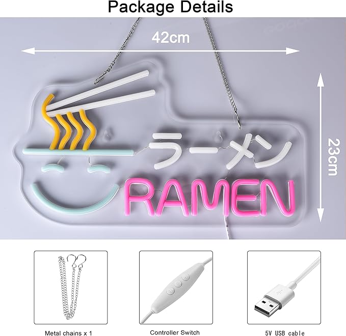 Ramen Neon Sign Japanese Noodles LED Lights for Wall Decor 16.1" x 9.1" USB Powered Light Up Signs for Resturant Ramen Shop Kitchen Dinning Room Noodle Shop Wall Art Decorations