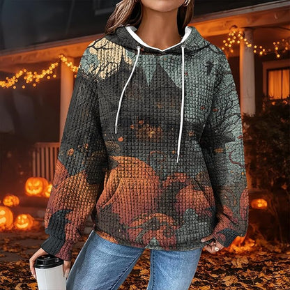 Halloween Sweatshirts for Women Novelty Graphic Drawstring Waffle Hoodies Loose Casual Pullover Tops with Pocket