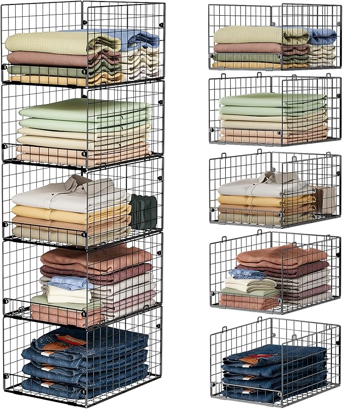 5-Tier Stackable Closet Storage Baskets, Closet Organizers and Storage Shelves, Foldable & Stackable Clothes Storage Bins for Closet Organizer System, Closet Shelf Organizer for Home,Black