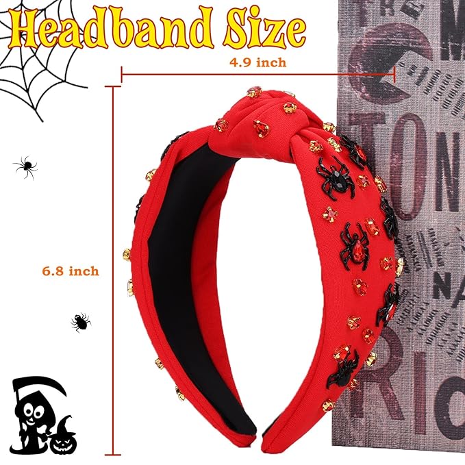 Halloween Headband - Red Spider Rhinestone Wide Jeweled Knotted Headband, Crystal Beaded Jeweled Top Knot Embellished Hair Accessory for Women's Halloween & Birthday Gift