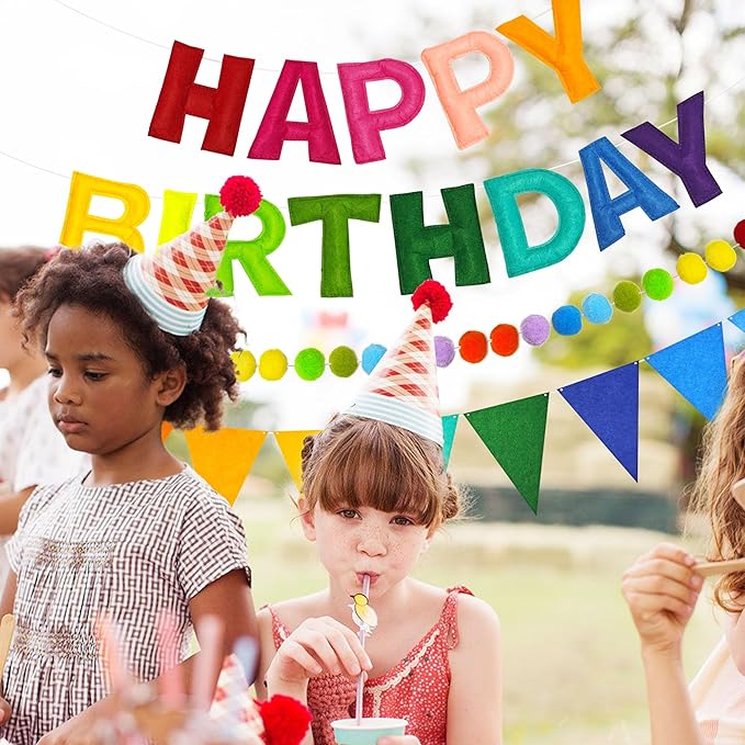 CANREVEL Pre-Strung 3D Happy Birthday Banner, 3 PCS Rainbow Happy Felt Garland, Pom Pom Garland, Triangle Fabric Bunting, Reusable Rainbow Birthday Decorations for Girls Boys Women Men