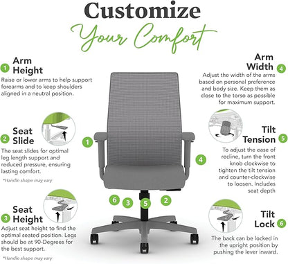 HON Ignition 2.0 Mid Back Task Chair, Standard Synchro-Tilt Control, Office Chair with Lumbar Support, Height and Width Adjustable Arms, Titanium Frame, Frost