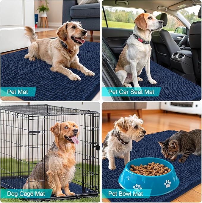 OLANLY Dog Door Mat for Muddy Paws 35x24, Absorbs Moisture and Dirt, Absorbent Non-Slip Washable Doormat, Quick Dry Chenille Mud Mat for Dogs, Entry Indoor Entryway Carpet for Inside Floor, Dark Blue