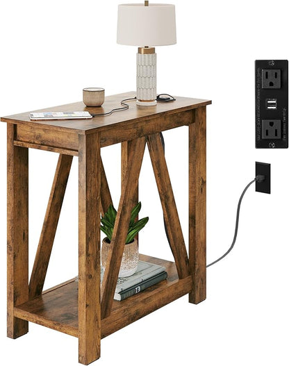 WLIVE Farmhouse End Table, Narrow Side Table with Charging Station, Slim End Table, Side Table for Bedroom, Living Room, Small Spaces, 2 USB and 2 Power Outlets, Rustic Brown
