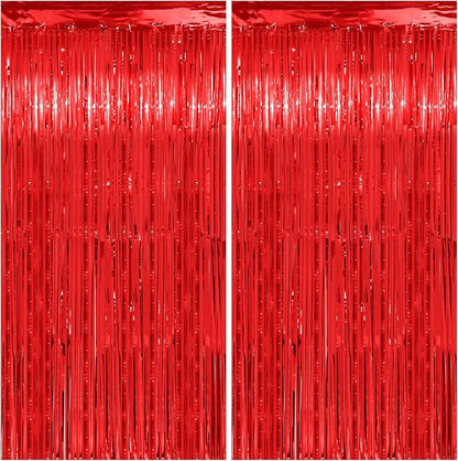 Christmas Decorations Thicken Red Streamers 2 Pack 3.2 x 8.2 FT, Red Birthday Decrorations Tinsel Backdrop Curtains, Foil Fringe Photo Backdrop for Casino, Carnival, Cherry Party Decorations