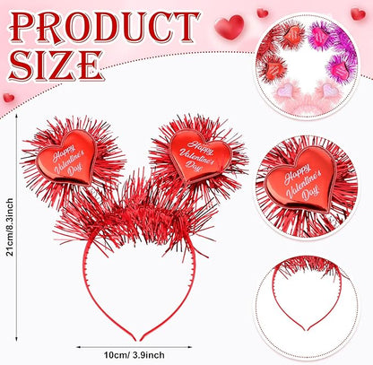 6 Pcs Valentine's Heart Headbands with Heart Boppers and Tinsel Headdresses Red Pink Happy Valentine Headdresses for Women Costume Party Gift Love
