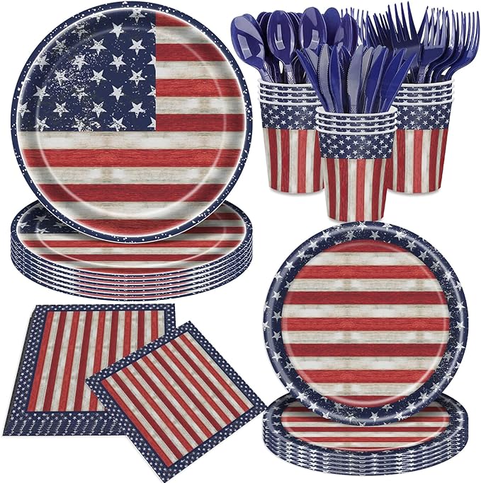 168Pcs Retro Independence Day Tableware Set, 4th of July Plates and Napkins for American Memorial Day Decorations, Stars and Stripes Pattern Patriotic Party Supplies, Serves 24