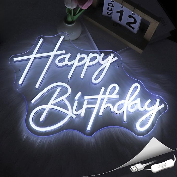 Neon Sign, Happy Birthday Neon Signs for Wall Decor White LED Neon Light Up Signs Home Decor for Birthay Business Club Party Bars Shop Decoration USB Operated