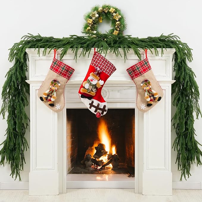 Christmas Norfolk Pine Garland, 2PCS 6Ft Real Touch Artificial Pine Greenery Christmas Garlands for Table Fireplace Wall Home Indoor Outdoor Decoration