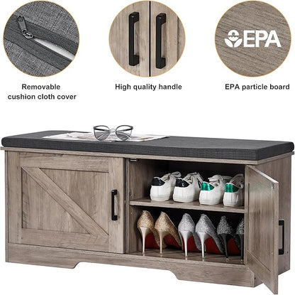 2-Tier Storage Bench, 39.4" Wide Shoe Bench with Padded Seat Cushion, Entryway Bench with 2 Barn Doors and Adjustable Shelf, Greige
