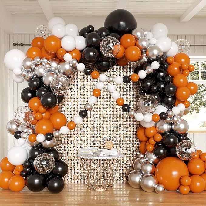 Orange and Black Balloons Arch Kit, 162pcs Orange Black White Metallic Silver and Confetti Balloons for Basketball Theme Birthday Halloween Trick or Treat Fall Party Decorations