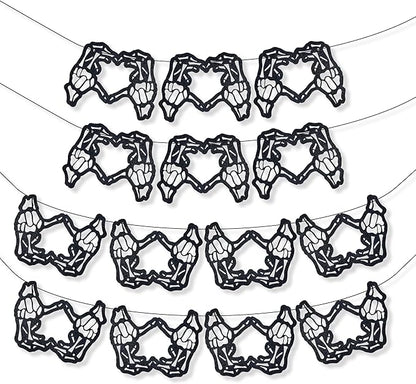 Skeleton Garland, Skeleton Heart Hands Banner, Black Glitter Spooky Hollow Heart Banner, Gothic Birthday Decorations Garland for Bachelorette Party Weddings Halloween Décor(14Pcs Heart)