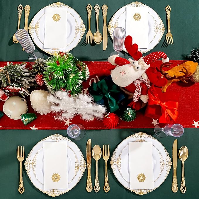 50 Pack Christmas Snowflake Paper Napkins - Cloth-like Christmas Disposable Hand Towels, Gold Premium Quality Xmas Dinner Napkin for Home Kitchen Table Bathroom Holiday Decor