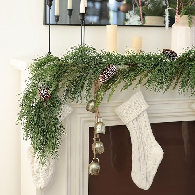 MIZII Christmas Garlands 6 Feet Artificial Pine Garland with Pinecone Real Touch Pines Vine Greenery Garland Christmas Decorations for Xmas Fireplace Mantle Home Decor Indoor Outdoor (Pine Garland)