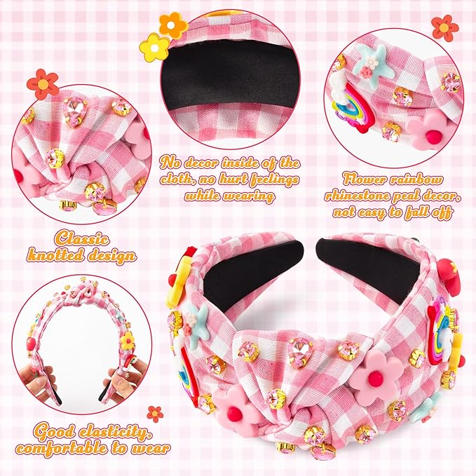 PANTIDE Floral Jeweled Knotted Headband - Rainbow Rhinestone Crystal Embellished Headband Non Slip Wide Top Knot Fashion Hairband Accessories Spring Summer Birthday Gift for Women Girls (Pink Plaid)