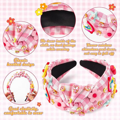 PANTIDE Floral Jeweled Knotted Headband - Rainbow Rhinestone Crystal Embellished Headband Non Slip Wide Top Knot Fashion Hairband Accessories Spring Summer Birthday Gift for Women Girls (Pink Plaid)