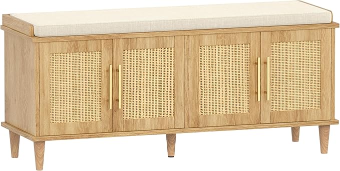Rattan Shoe Storage Bench with Cushion, 2-Tier Entryway Bench with Adjustable Shelves and 4 Doors, 15" D x 47.2" W x 20" H, Solid Wood Legs, for Hallway, Living Room, Bedroom, Natural Oak