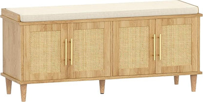 Rattan Shoe Storage Bench with Cushion, 2-Tier Entryway Bench with Adjustable Shelves and 4 Doors, 15" D x 47.2" W x 20" H, Solid Wood Legs, for Hallway, Living Room, Bedroom, Natural Oak