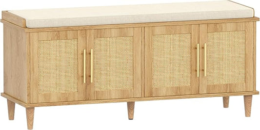 Rattan Shoe Storage Bench with Cushion, 2-Tier Entryway Bench with Adjustable Shelves and 4 Doors, 15" D x 47.2" W x 20" H, Solid Wood Legs, for Hallway, Living Room, Bedroom, Natural Oak