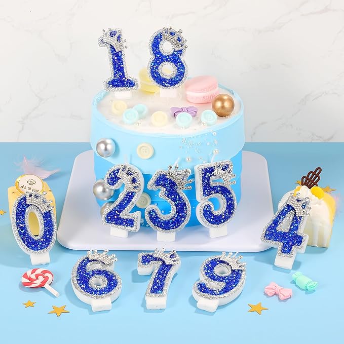 Blue Birthday Candle Crown Number 9 Candle with Sequins Cake Candles Cupcake Decorations Party Decor for Anniversary Celebrations Supplies