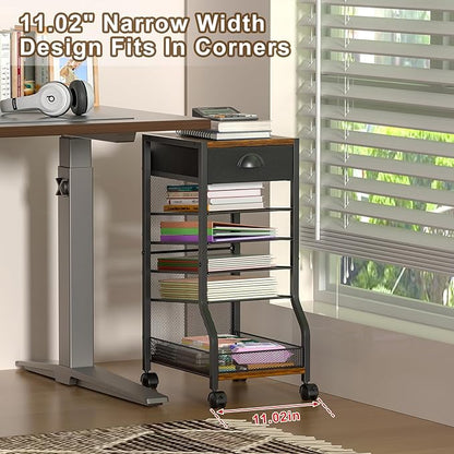 keomaisyto 6-Tier Rolling File Cart with Drawer, Under Desk Storage with Paper Letter Sliding Trays, Standing File Organizer with Wheels, Slim Workspace Organizers for Office/Home/School/Study