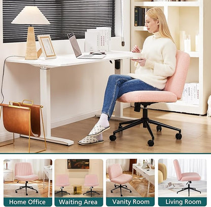 OLIXIS Criss Cross Chair with Wheels Wide Cross Legged Office Desk Vanity Chair Comfy Fabric Armless Adjustable Swivel for Home Computer Task Teddy Pink