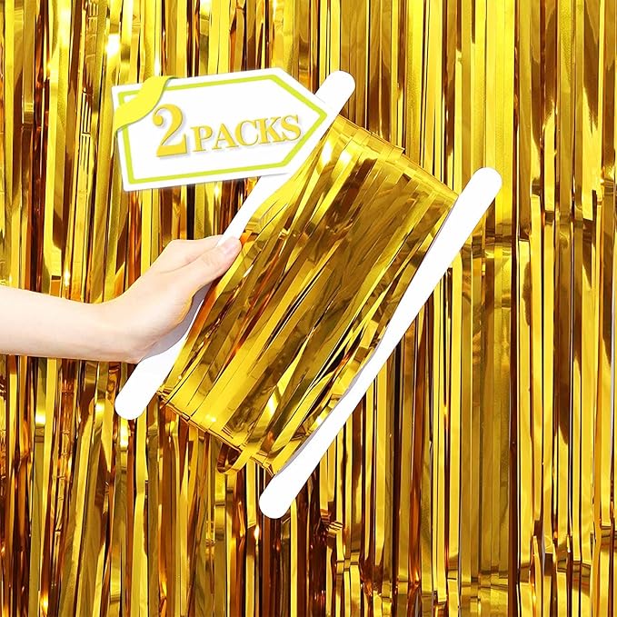 Metallic Gold Tinsel Foil Fringe Curtains Backdrop, 2 Pcs 3.28 ft x 6.56 ft Streamers for Birthday Wedding Engagement Bachelorette Party Photo Booth Bridal Shower Baby Shower Gold Decorations Supplies