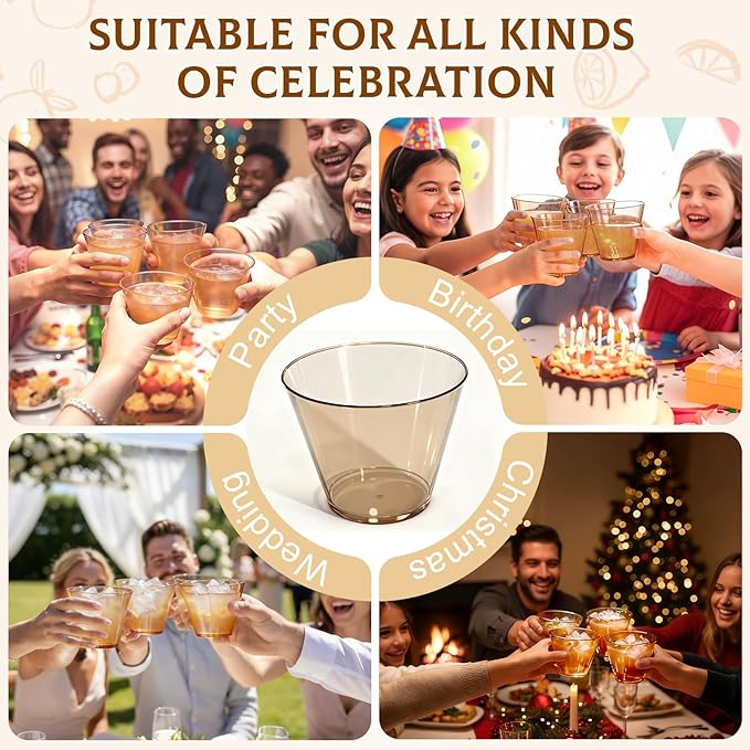 150 Pack Plastic Cups 9 oz Brown Clear Plastic Cups for Cocktail Fancy Disposable Cup for Party Stemless Wine Glasses for Wedding Thanksgiving Christmas Party Graduation