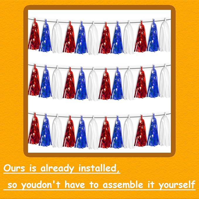 3P White Blue Red Tassel Banner Garland Metallic Foil Fringe Banner Tinsel Streamer Banner Backdrop for Parade Floats Graduation, Independence Day, 4th of july, Patriotic Themed Party Decoration