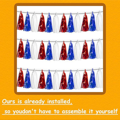 3P White Blue Red Tassel Banner Garland Metallic Foil Fringe Banner Tinsel Streamer Banner Backdrop for Parade Floats Graduation, Independence Day, 4th of july, Patriotic Themed Party Decoration