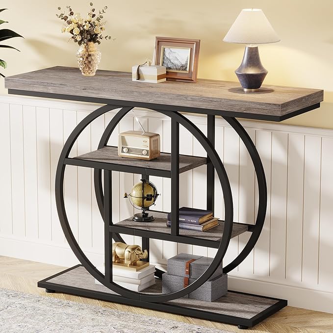 Tribesigns 41.3" Console Table, Industrial 4-Tier Sofa Table Entryway Table with Circle Base, Narrow Wood Accent Tables with Storage Shelves for Living Room, Hallway, Foyer, Gray | Industrial, Sofa Table, Entryway Table, Narrow, Accent Tables, Storage ...