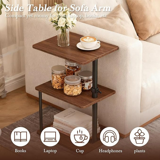 Swivel Side Table for Couch Arm, Adjustable C End Table for Recliner or Bed, Tv Trays with Storage Shelf for Small Spaces Small Nightstand Table for Living Room, Bedroom，Walnut 2pc