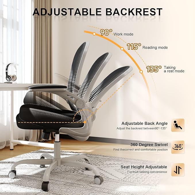 Synorla Office Chair, Ergonomic Desk Chairs 330LBS Capacity High Back Mesh Computer Chair with Flip-up Armrests, Comfy Work Chair with Adjustable Lumbar Support