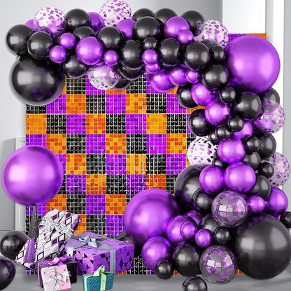 12PCS Black Orange Purple Shimmer Wall Backdrop, Laser Square Sequin Photo Backdrops Panel, Glitter Wall Background for Birthdays, Weddings, Halloween Party Decor (3FTx4FT)