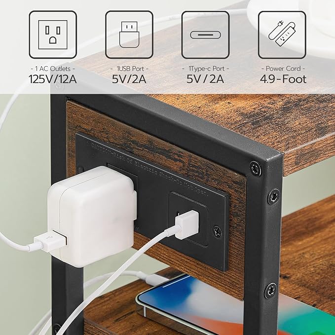 HOOBRO Small Narrow Side Table with Charging Station, Skinny End Table for Small Spaces, Slim Nightstand with USB Ports Outlet, Sofa Beside Table with Storage Shelf, Rustic Brown and Black BF102UBZ01