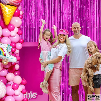 Thicken Hot Pink Streamers 4 Pack 3.2x8.2 FT, Pink Birthday Decrorations Tinsel Backdrop Curtains, Foil Fringe Photo Backdrop for Bachelorette, Graduation, Summer Hawaiian Party Decorations