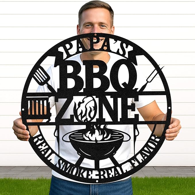 Personalized BBQ Grill Wall Sign, Custom Name Metal Cut Decor for Outdoor Patio, Rustic Backyard Kitchen Barbecue Art