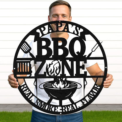 Personalized BBQ Grill Wall Sign, Custom Name Metal Cut Decor for Outdoor Patio, Rustic Backyard Kitchen Barbecue Art