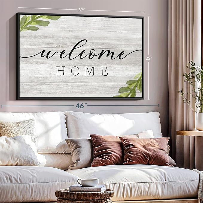 Elephant Stock Rustic Welcome Home Wall Art - Horizontal Floating Framed Canvas - 1-Piece Living Room Wall Decor - Digital Art Inspirational And Typography Canvas Print - Gray and Black Decor for Wall by Natalie Carpentieri - 37" X 25"