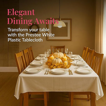 Prestee 48 White Plastic Tablecloth 108x54 Inches - No See-Through Rectangular Disposable Tablecloths for Indoor and Outdoor Events - Heavy-Duty and Waterproof for Holiday and Thanksgiving