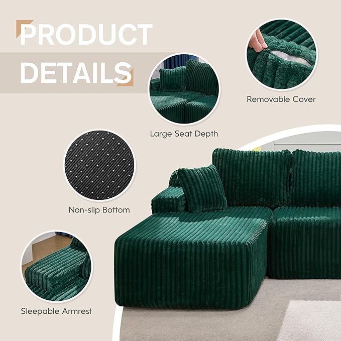 Hobestluk Modular Sectional Sofa Couches L-Shape Couch 3 Seat Modular Sofa Memory Foam Sectional Couches for Living Room, Cloud Couch with Oversized Chaise (108" Left Facing Chaise)