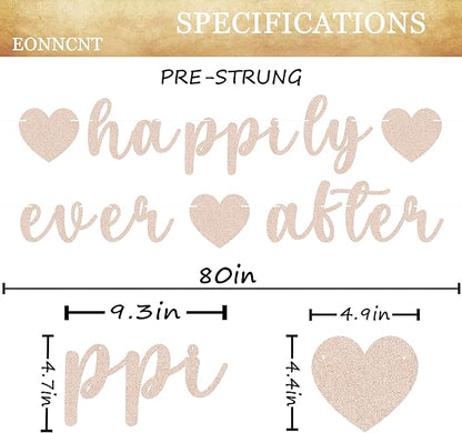 Pre-Strung Happily Ever After Banner - Rose Gold Glitter Bachelorette Bridal Engagement Party Decoration Supplies, Bachelorette Wedding Party Banner for Engagement, Bridal Shower, Wedding Party Photo Booth Props