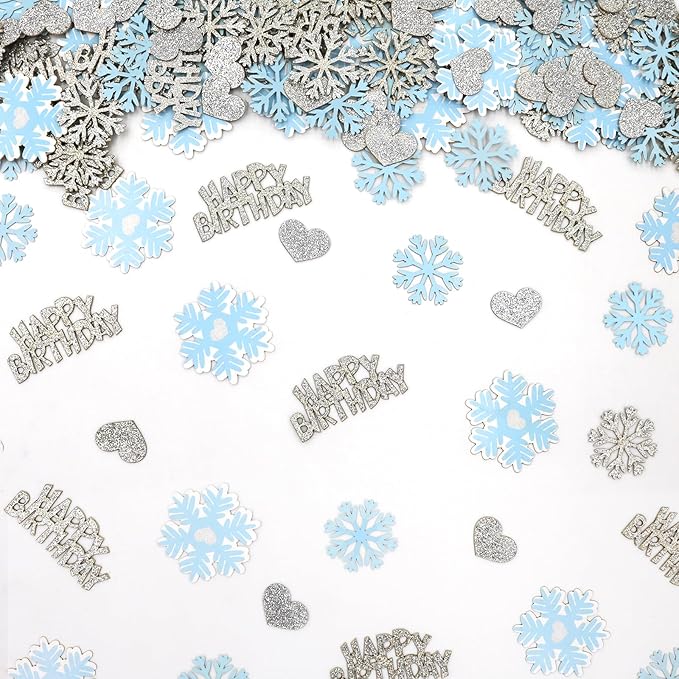 Blue Silver Snowflake Happy Birthday Confetti for Table – 200PC Glitter Heart Snowflakes Table Scatter for Winter Wonderland Birthday Decorations