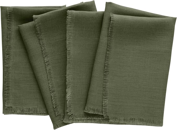 Solino Home Fringe Linen Cloth Napkins Set of 4-100% Pure Linen Desert Green Dinner Napkins 20 x 20 Inch for Fall, Autumn, Christmas, Winter, New Year - Handcrafted and Machine Washable