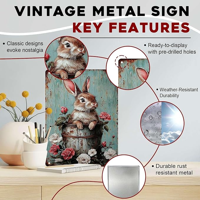Easter Vintage Rabbit Metal Tin Sign Rustic Bunny Art Sign Farmhouse Decor For Home Garden Garage Garden artistry Decor 12x16Inch