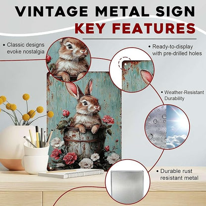 Easter Vintage Rabbit Metal Tin Sign Rustic Bunny Art Sign Farmhouse Decor For Home Garden Garage Garden artistry Decor 12x16Inch
