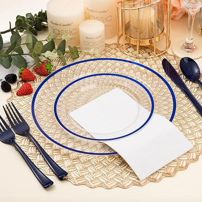 BESTSTAR 200PCS Blue and Clear Plastic Plates, Blue Disposable Plate Set with 100 Dinner Plate and 100 Dessert Plates for Party, National Day